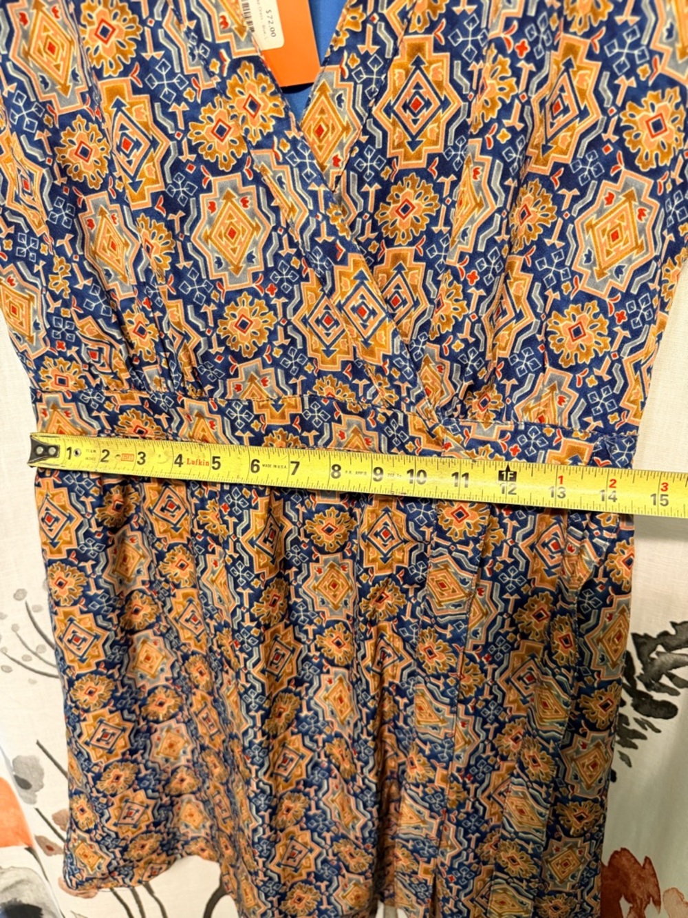Anthropologie Tulle Women's Navy & Orange Printed V-Neck Tie-Waist Dress - Picture 9 of 11
